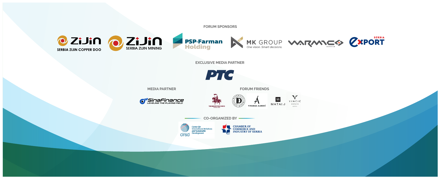 Forum sponsors and partners including ZiJin Serbia, PSP-Farman Holding, MK Group, WARMIC Ecosystem, Export Serbia, and PTC